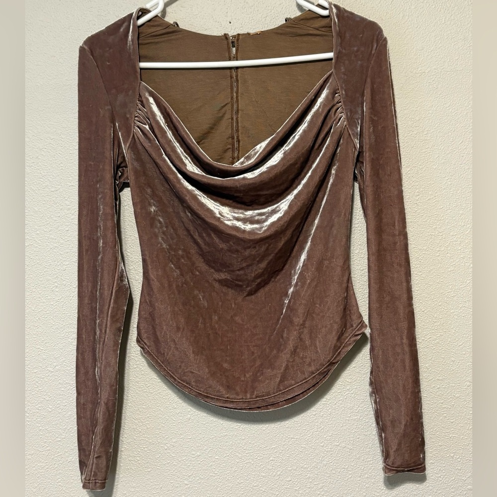 Free People Taupe Velvet Drape Blouse